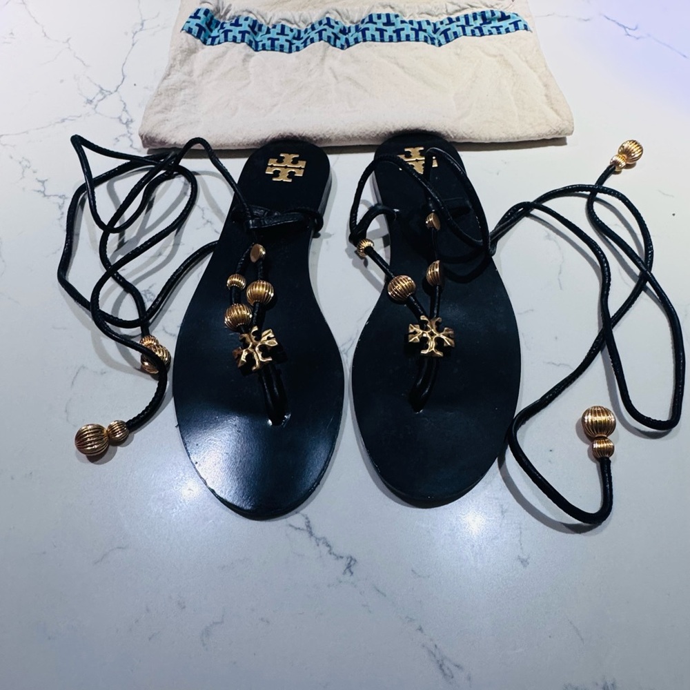 Tory Burch Black Sandals with Gold Accents